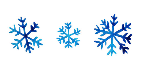 Set of hand drawing blue watercolor snowflakes. Objects isolated on white background. Set of elements for design.