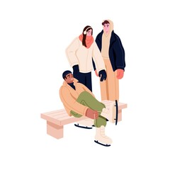 People taking on skates. Happy friends ready for winter leisure activity and having fun on ice rink on holidays. Wintertime entertainment. Flat vector illustration isolated on white background