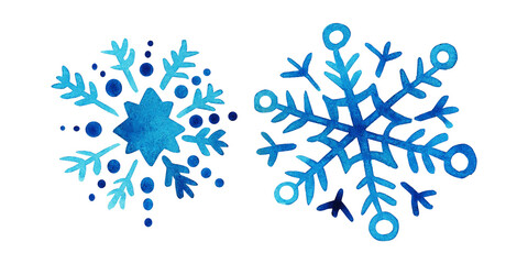 A set of icons illustrations in watercolor style with various snowflakes