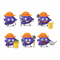 Farmer fish purple gummy candy cute mascot character with fork