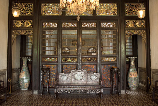 Malaysia - May 4, 2016: Lobby interior of Cheong Fatt Tze - The Blue Mansion in Georgetown, Penang. The historical building is now used as a hotel. And parts of it can be visited on daily tours.