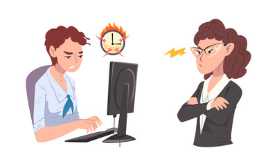 Woman Office Worker Failed with Deadline Staying Late at Workplace and Angry Chief Vector Set