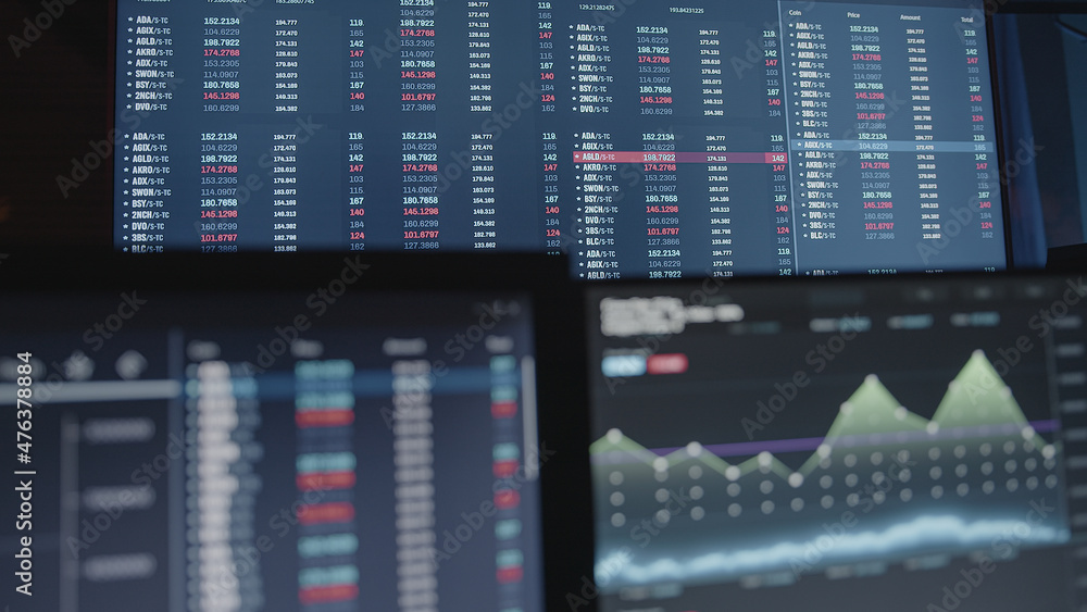 Poster focus on altcoins on the big monitor on the back and bitcoin and ethereum analysis chart on the fron