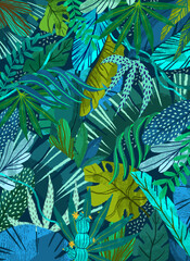 Tropical exotic background, wallpaper, cover with green tropical plants, palm trees, monstera for poster, cover or wallpaper. Hand drawn illustration.