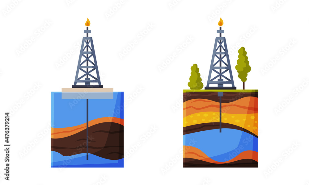 Poster geology instrument and tool with tower or picket and ground level cross section vector set
