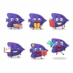 A picture of fish purple gummy candy cartoon character concept reading an amusing book