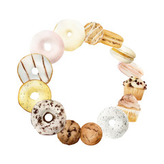 Watercolor sweet dessert wreath with donuts, macarons, cookies. Hand-drawn pink and yellow baked food round frame template isolated on white background for invitations, cards, and logo