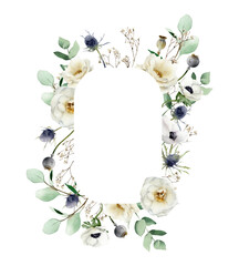 Watercolor floral frame with creamy rose flowers, thistle, eucalyptus, dry gypsophila. Hand-drawn winter spring border template isolated on white background for wedding invitations, cards, and logo
