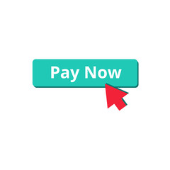 Green button pay now and red cursor. Online store design element. E-commerce concept. Convenient payment for online purchases. Flat vector icon isolated on white background