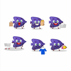 A Rich fish purple gummy candy mascot design style going shopping
