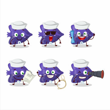 A character image design of fish purple gummy candy as a ship captain with binocular