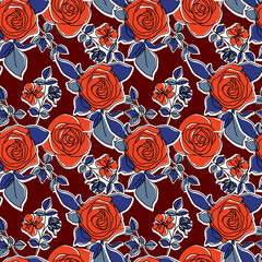 Heirloom roses seamless pattern. Trend fashion retro style flowers pattern. Vector design nature pattern in line style.