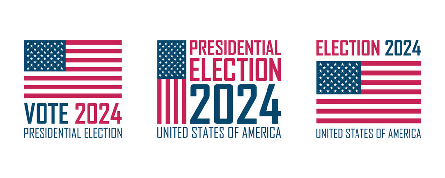 2024 United States Presidential Election set. USA Elections Vote templates collection. Vector Illustration.	