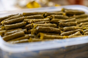 Ottoman, Turkish and Greek cuisine filled with olive oil and rice. Stuffed vine leaves with olive oil filled with rice and meat.
