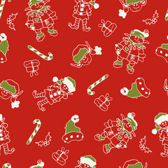 Christmas Elves doodle background. New Year elves - seamless background. Christmas Red Pattern. Gift boxes, white head with long ears, green hats, candy canes. Textile, wrapping paper, winter packing.
