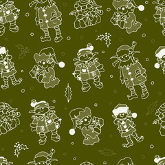 Christmas Elves seamless pattern. New Year elves - girls and boys. Doodle background. Christmas Green Pattern. Long ears, green hats, snowfall, mistletoe leave. Hand drawn  fabric, winter packing.