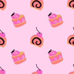 Simple cartoon style cakes vector pattern. Pastel pink colored simple cake wallpaper. Strawberry cupcake, cherry cake roll. Delicious sweet desserts. Pink background.
