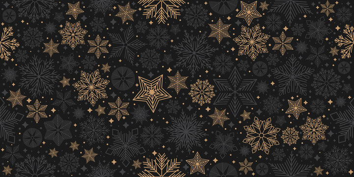 Christmas seamless pattern with geometric motifs. Snowflakes with different ornaments.