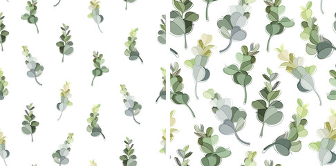 Seamless vector pattern with eucalyptus sprigs. Plant branches with leaves isolated on white background. Set of romantic botanical backgrounds. Delicate wedding herbarium print.