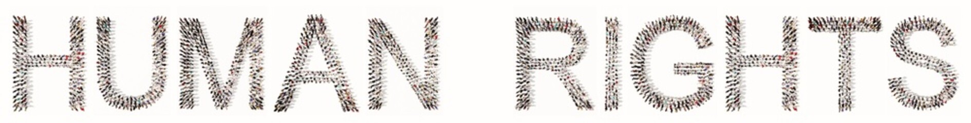 Concept  or conceptual large community of people forming HUMAN RIGHTS message. 3d illustration metaphor for equality, freedom, democracy, justice, education, peace, voting, life, tolerance, diversity