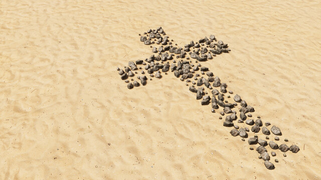 Concept conceptual stones on beach sand handmade symbol shape, golden sandy background, christian cross. A 3d illustration metaphor for God, Christ, religion, spirituality, prayer, Jesus belief