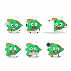 Cartoon character of fish green gummy candy with various chef emoticons