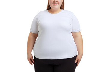 Cropped image of plus-size woman wearing white t-shirt and jeans posing isolated on white studio background. - Powered by Adobe