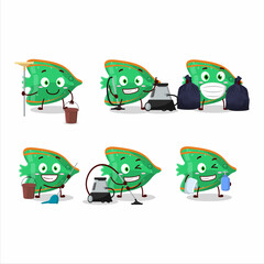Cleaning service fish green gummy candy cute cartoon character using mop