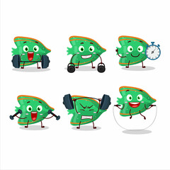 A healthy fish green gummy candy cartoon style trying some tools on Fitness center