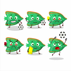 Fish green gummy candy cartoon character working as a Football referee
