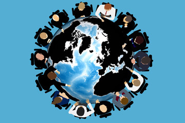 Group authority people and Businessmans- world government discussing geopolitics, International and national interests, sitting at a round table with the image of the globe. Top view illustration