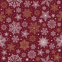 Christmas seamless pattern with geometric motifs. Snowflakes with different ornaments.