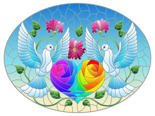 Stained glass illustration with doves, hearts and flowers on a yellow background, oval image