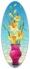 Illustration in stained glass style with bouquets of gladioli in a pink vase on table on a blue background, oval image