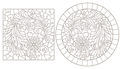 Fototapeta premium A set of contour illustrations in the style of stained glass with abstract berries and flowers, dark contours on a white background