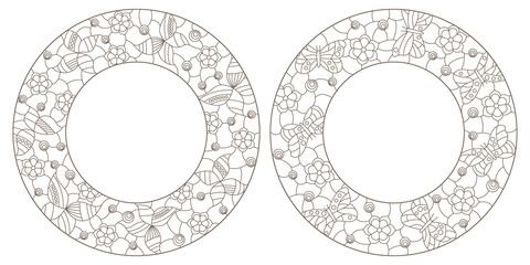 A set of contour illustrations in the style of stained glass with frames of flowers and butterflies, dark contours on a white background
