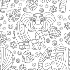 Seamless pattern with elephants, dark contour animals, flowers and leaves on an white background