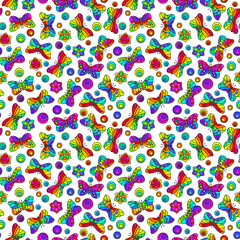 Seamless pattern with bright stained glass butterflies and flowers, moths on a white background