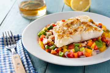 Grilled cod with vegetables on blue wooden table