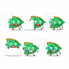 Fish green gummy candy cartoon character bring information board