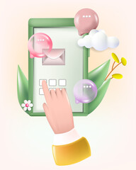 3d cartoon icon mobile smart phone with mail app. Mail service concept.