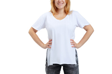 Fototapeta premium Cropped image of plus-size woman wearing white t-shirt and jeans posing isolated on white studio background.