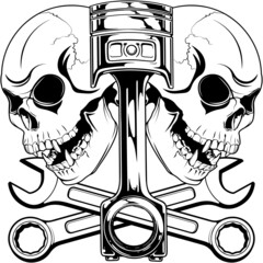 Mechanic logo SVG design with two skulls, a piston and crossed wrenches, Tattoo template