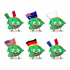 Fish green gummy candy cartoon character bring the flags of various countries