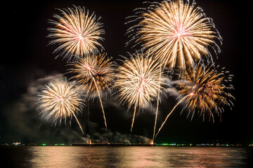 Amazing beautiful colorful fireworks display on celebration night, showing on the sea beach with multi color of reflection on water	
