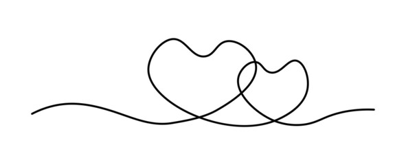Art line continuous two hearts icon isolated on white background. Love outline symbol, Valentine's Day one line design vector illustration for prints, cards.