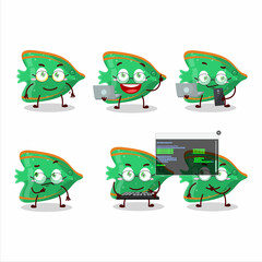 Fish green gummy candy Programmer cute cartoon character with
