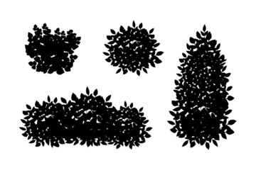 Set of monochrome silhouette of shrubs and trees. Decorative design element in black and white colors.