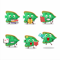 A picture of fish green gummy candy cartoon character concept reading an amusing book