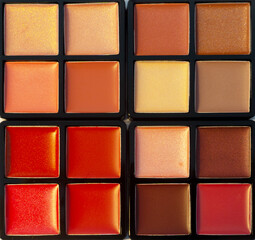 Big palette with shades of lip gloss. Background. Nobody. New cosmetics. Collection of four shades.